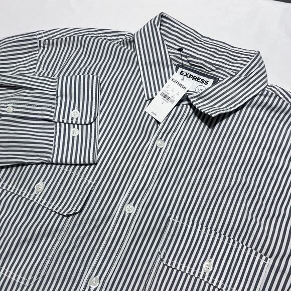 Express Men’s L Slim Soft Wash Shirt Gray White Stripe Button Front NWT - Picture 1 of 8